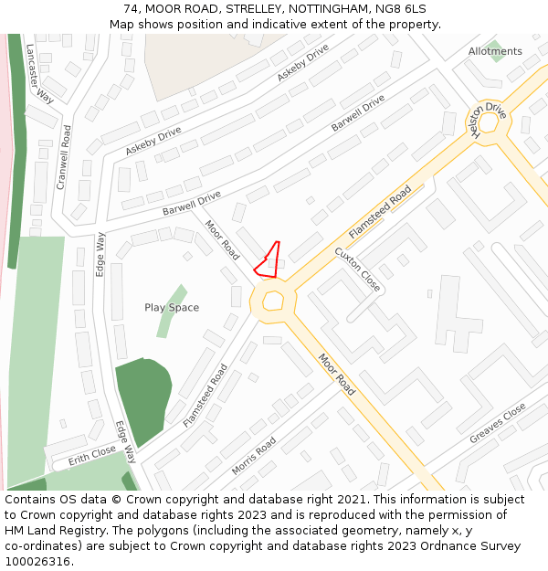 74, MOOR ROAD, STRELLEY, NOTTINGHAM, NG8 6LS: Location map and indicative extent of plot