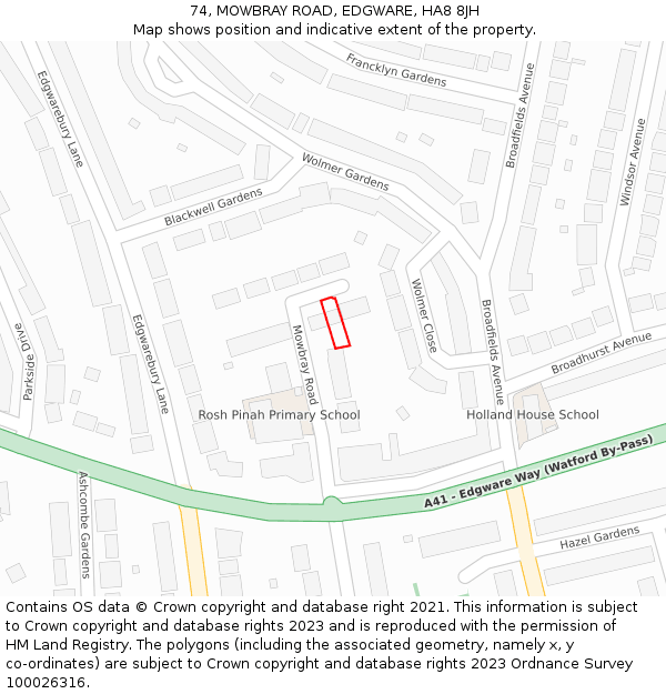 74, MOWBRAY ROAD, EDGWARE, HA8 8JH: Location map and indicative extent of plot