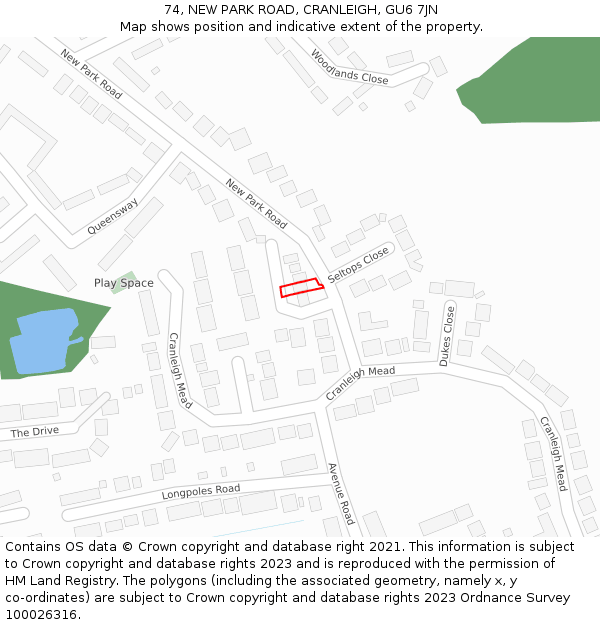 74, NEW PARK ROAD, CRANLEIGH, GU6 7JN: Location map and indicative extent of plot