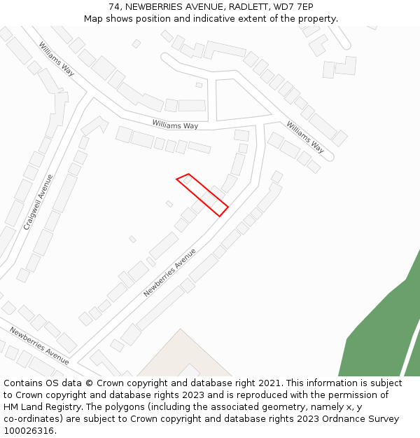 74, NEWBERRIES AVENUE, RADLETT, WD7 7EP: Location map and indicative extent of plot