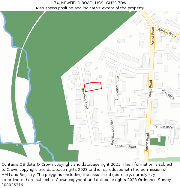 74, NEWFIELD ROAD, LISS, GU33 7BW: Location map and indicative extent of plot