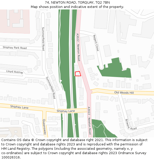 74, NEWTON ROAD, TORQUAY, TQ2 7BN: Location map and indicative extent of plot