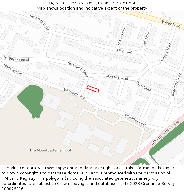 74, NORTHLANDS ROAD, ROMSEY, SO51 5SE: Location map and indicative extent of plot