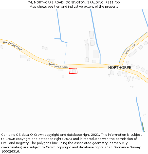 74, NORTHORPE ROAD, DONINGTON, SPALDING, PE11 4XX: Location map and indicative extent of plot