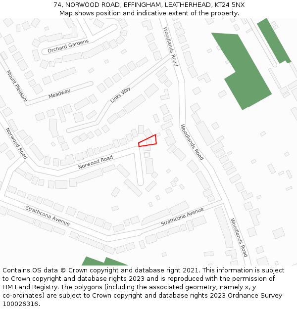 74, NORWOOD ROAD, EFFINGHAM, LEATHERHEAD, KT24 5NX: Location map and indicative extent of plot