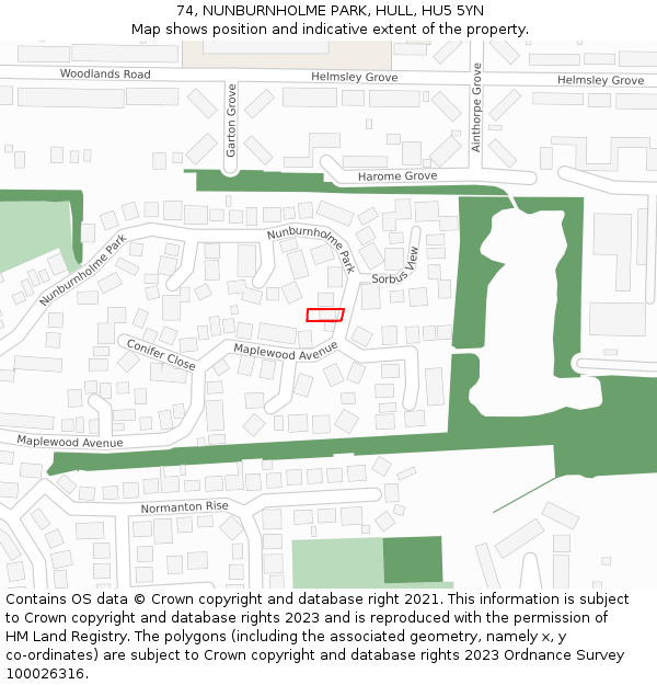 74, NUNBURNHOLME PARK, HULL, HU5 5YN: Location map and indicative extent of plot