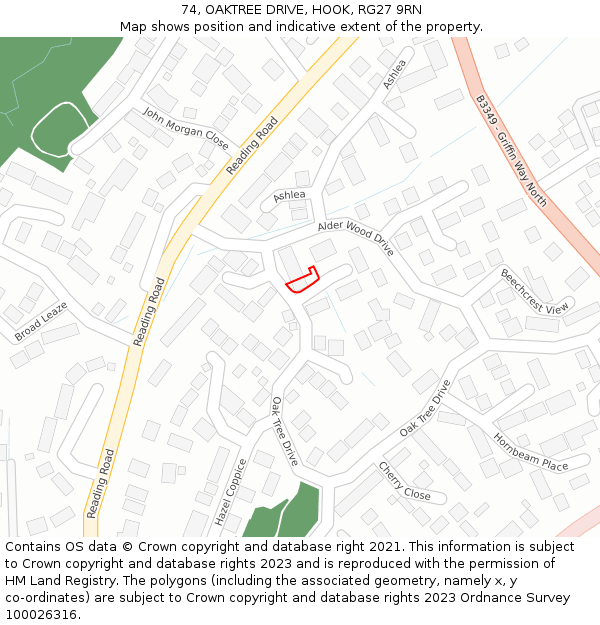 74, OAKTREE DRIVE, HOOK, RG27 9RN: Location map and indicative extent of plot