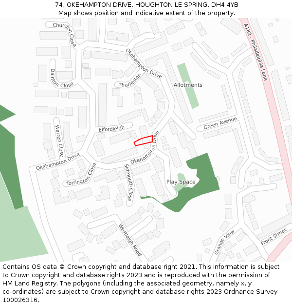 74, OKEHAMPTON DRIVE, HOUGHTON LE SPRING, DH4 4YB: Location map and indicative extent of plot