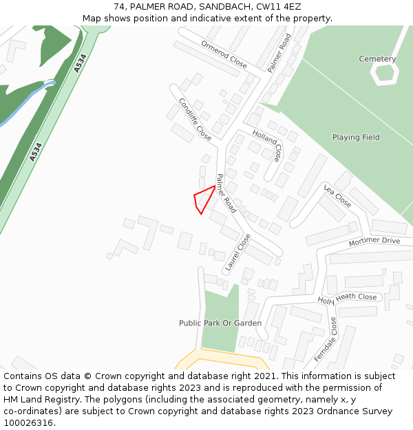 74, PALMER ROAD, SANDBACH, CW11 4EZ: Location map and indicative extent of plot