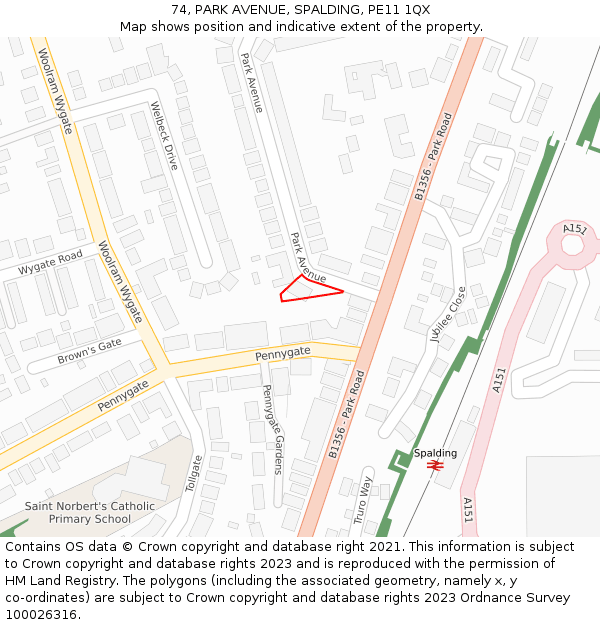 74, PARK AVENUE, SPALDING, PE11 1QX: Location map and indicative extent of plot