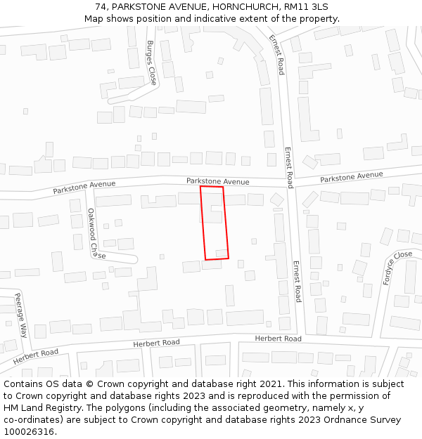 74, PARKSTONE AVENUE, HORNCHURCH, RM11 3LS: Location map and indicative extent of plot
