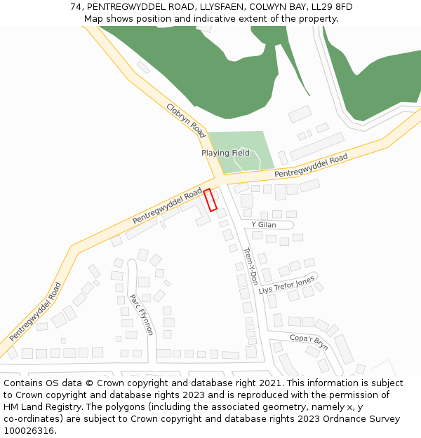 74, PENTREGWYDDEL ROAD, LLYSFAEN, COLWYN BAY, LL29 8FD: Location map and indicative extent of plot