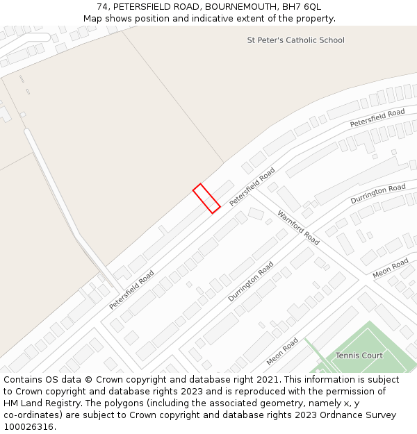 74, PETERSFIELD ROAD, BOURNEMOUTH, BH7 6QL: Location map and indicative extent of plot