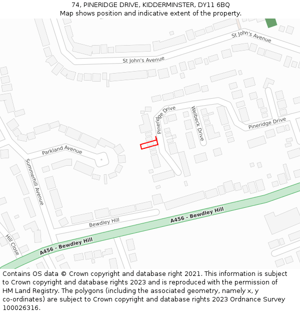 74, PINERIDGE DRIVE, KIDDERMINSTER, DY11 6BQ: Location map and indicative extent of plot