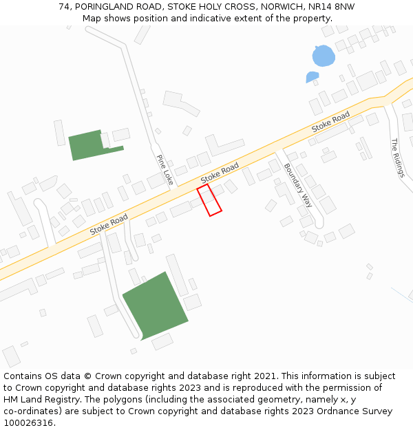 74, PORINGLAND ROAD, STOKE HOLY CROSS, NORWICH, NR14 8NW: Location map and indicative extent of plot