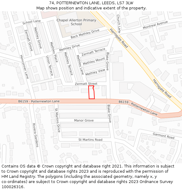 74, POTTERNEWTON LANE, LEEDS, LS7 3LW: Location map and indicative extent of plot