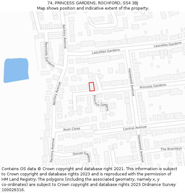 74, PRINCESS GARDENS, ROCHFORD, SS4 3BJ: Location map and indicative extent of plot