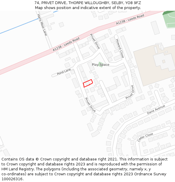 74, PRIVET DRIVE, THORPE WILLOUGHBY, SELBY, YO8 9FZ: Location map and indicative extent of plot
