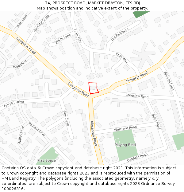 74, PROSPECT ROAD, MARKET DRAYTON, TF9 3BJ: Location map and indicative extent of plot