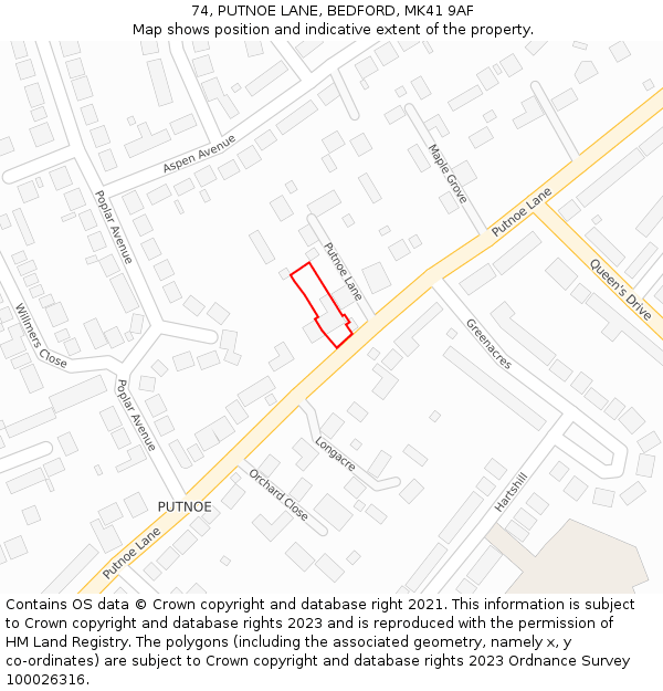 74, PUTNOE LANE, BEDFORD, MK41 9AF: Location map and indicative extent of plot