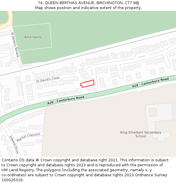 74, QUEEN BERTHAS AVENUE, BIRCHINGTON, CT7 9BJ: Location map and indicative extent of plot