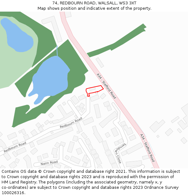74, REDBOURN ROAD, WALSALL, WS3 3XT: Location map and indicative extent of plot