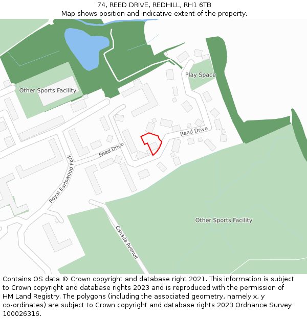 74, REED DRIVE, REDHILL, RH1 6TB: Location map and indicative extent of plot