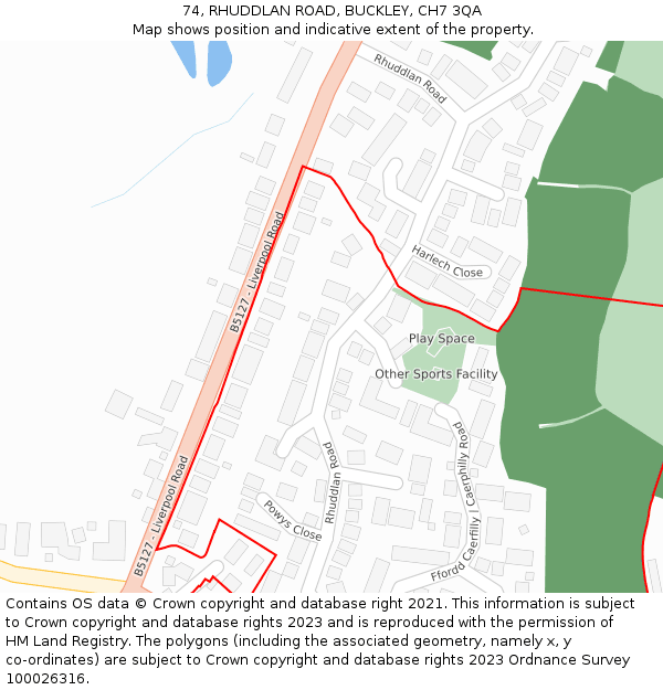 74, RHUDDLAN ROAD, BUCKLEY, CH7 3QA: Location map and indicative extent of plot