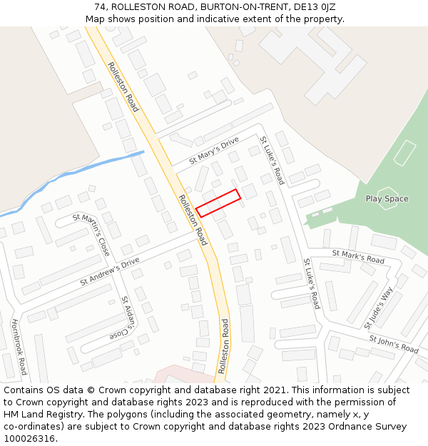 74, ROLLESTON ROAD, BURTON-ON-TRENT, DE13 0JZ: Location map and indicative extent of plot