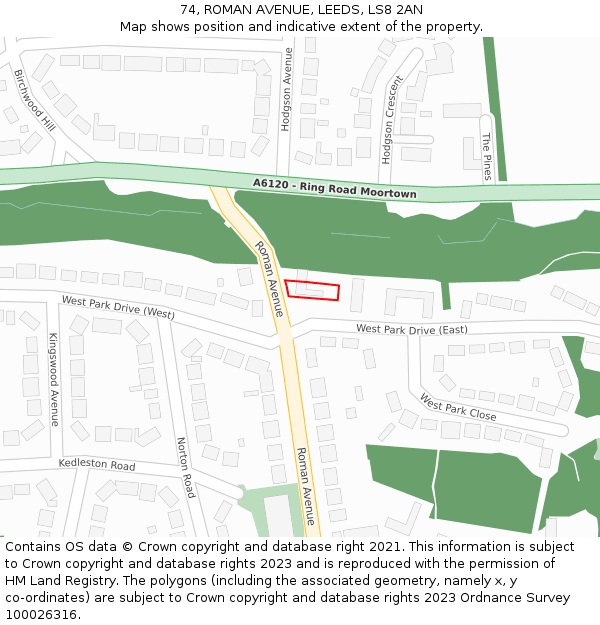 74, ROMAN AVENUE, LEEDS, LS8 2AN: Location map and indicative extent of plot