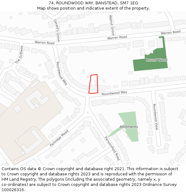 74, ROUNDWOOD WAY, BANSTEAD, SM7 1EG: Location map and indicative extent of plot