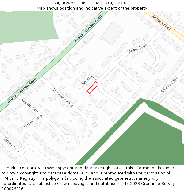 74, ROWAN DRIVE, BRANDON, IP27 0HJ: Location map and indicative extent of plot