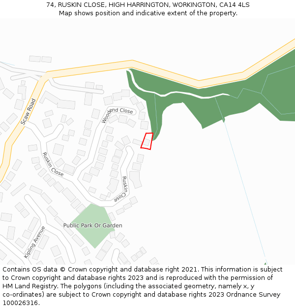 74, RUSKIN CLOSE, HIGH HARRINGTON, WORKINGTON, CA14 4LS: Location map and indicative extent of plot