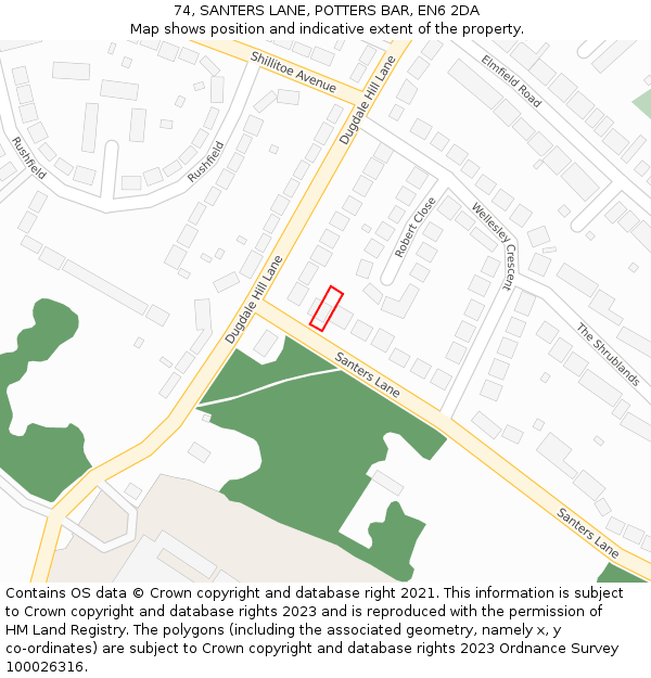 74, SANTERS LANE, POTTERS BAR, EN6 2DA: Location map and indicative extent of plot