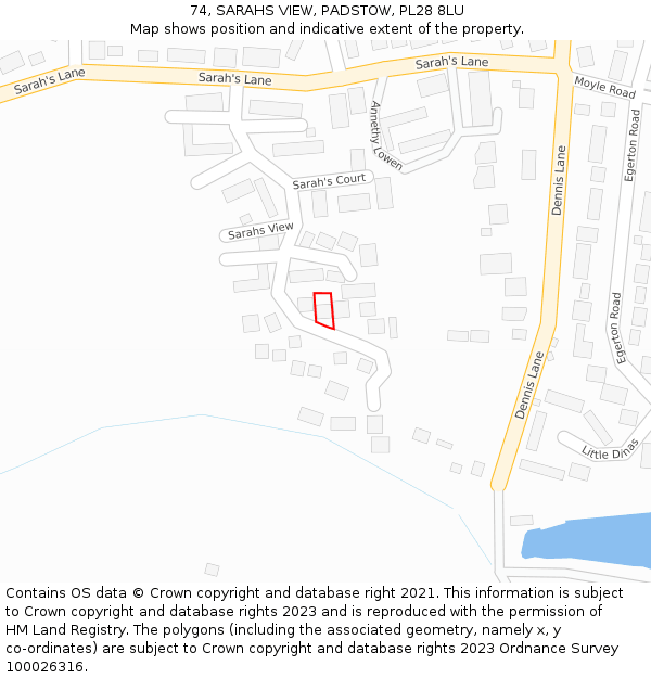 74, SARAHS VIEW, PADSTOW, PL28 8LU: Location map and indicative extent of plot