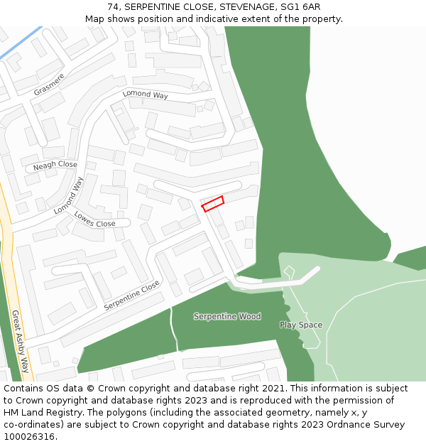 74, SERPENTINE CLOSE, STEVENAGE, SG1 6AR: Location map and indicative extent of plot