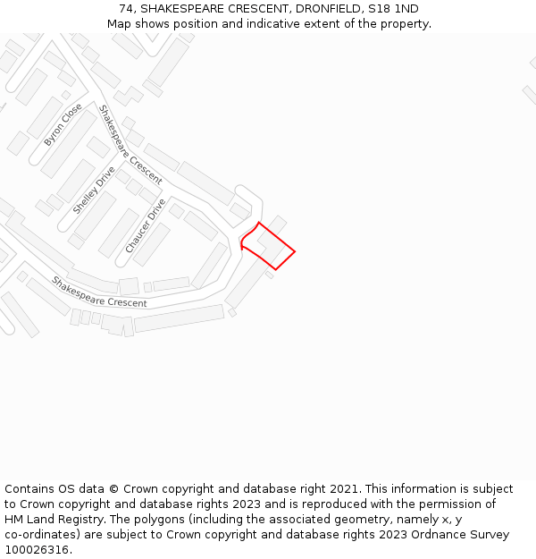 74, SHAKESPEARE CRESCENT, DRONFIELD, S18 1ND: Location map and indicative extent of plot