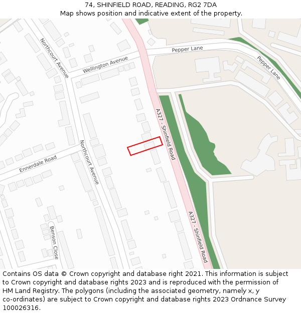 74, SHINFIELD ROAD, READING, RG2 7DA: Location map and indicative extent of plot