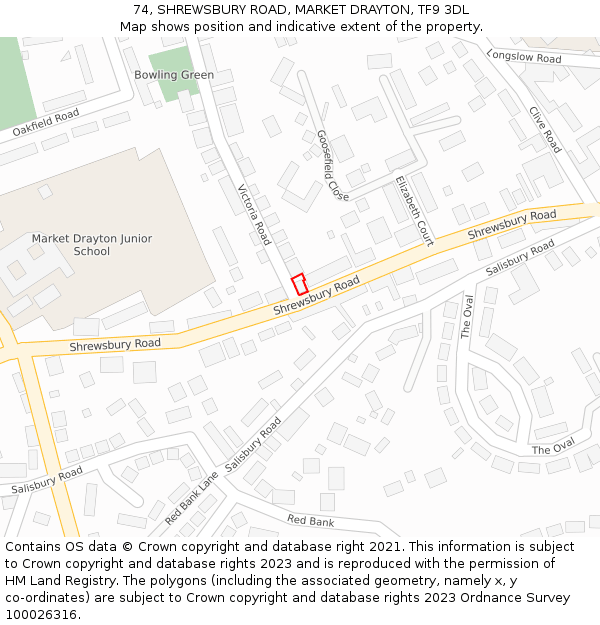 74, SHREWSBURY ROAD, MARKET DRAYTON, TF9 3DL: Location map and indicative extent of plot