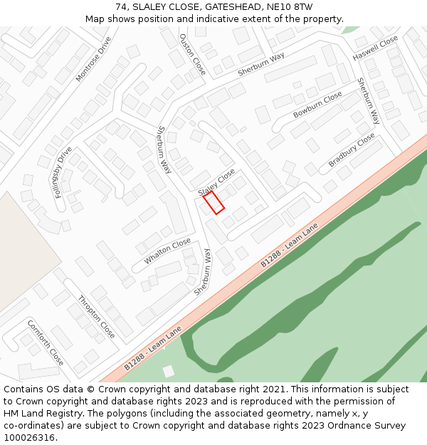 74, SLALEY CLOSE, GATESHEAD, NE10 8TW: Location map and indicative extent of plot