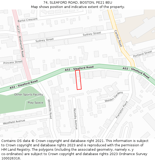 74, SLEAFORD ROAD, BOSTON, PE21 8EU: Location map and indicative extent of plot