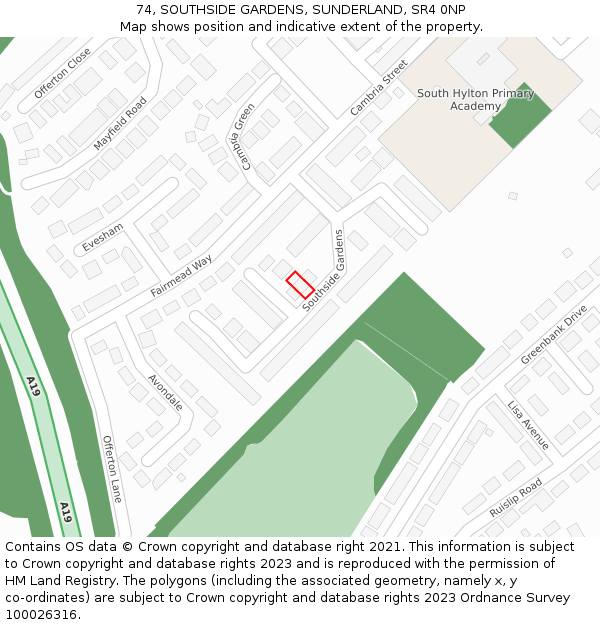 74, SOUTHSIDE GARDENS, SUNDERLAND, SR4 0NP: Location map and indicative extent of plot