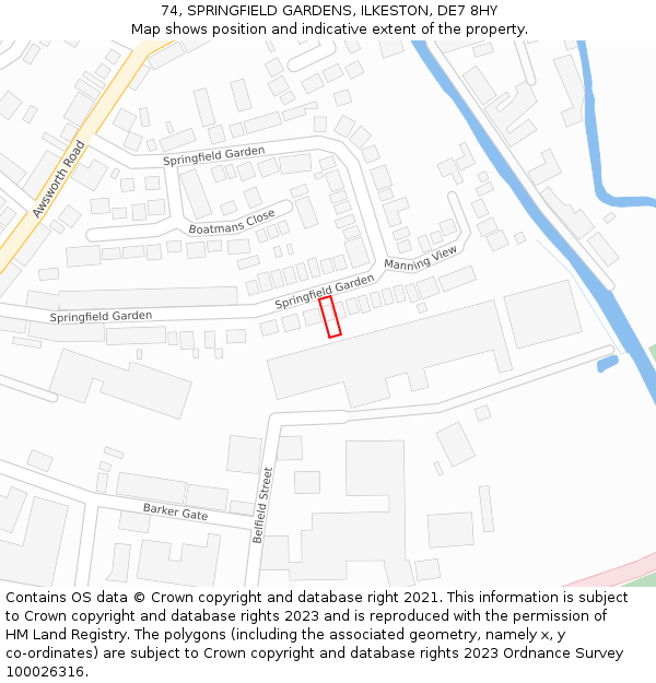 74, SPRINGFIELD GARDENS, ILKESTON, DE7 8HY: Location map and indicative extent of plot