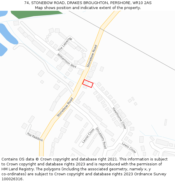 74, STONEBOW ROAD, DRAKES BROUGHTON, PERSHORE, WR10 2AS: Location map and indicative extent of plot