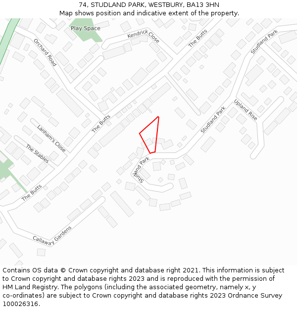 74, STUDLAND PARK, WESTBURY, BA13 3HN: Location map and indicative extent of plot