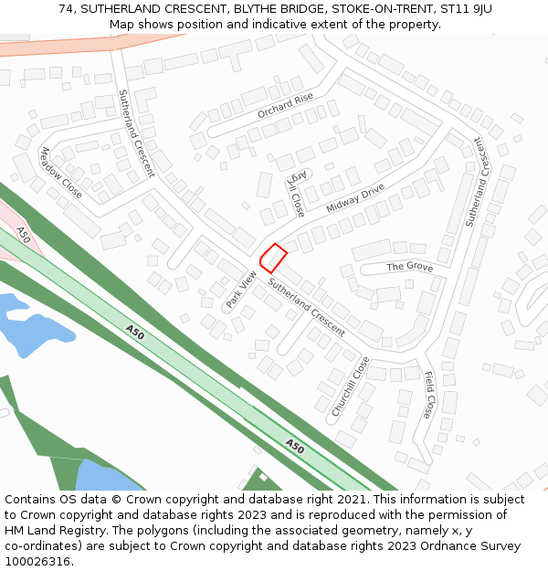 74, SUTHERLAND CRESCENT, BLYTHE BRIDGE, STOKE-ON-TRENT, ST11 9JU: Location map and indicative extent of plot