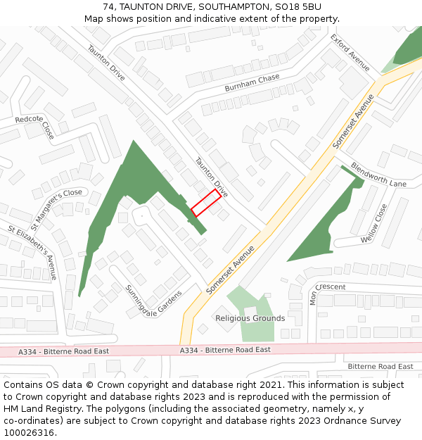 74, TAUNTON DRIVE, SOUTHAMPTON, SO18 5BU: Location map and indicative extent of plot