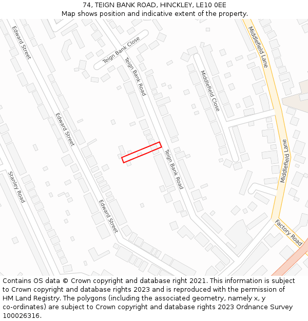 74, TEIGN BANK ROAD, HINCKLEY, LE10 0EE: Location map and indicative extent of plot