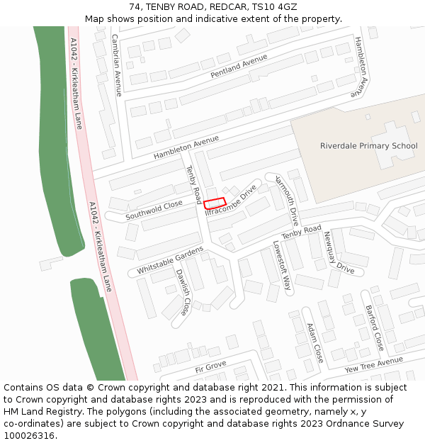 74, TENBY ROAD, REDCAR, TS10 4GZ: Location map and indicative extent of plot
