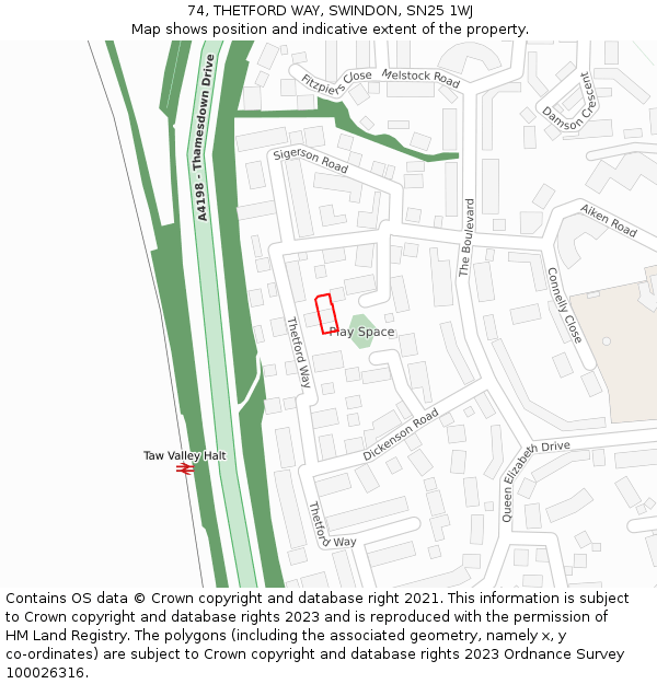 74, THETFORD WAY, SWINDON, SN25 1WJ: Location map and indicative extent of plot